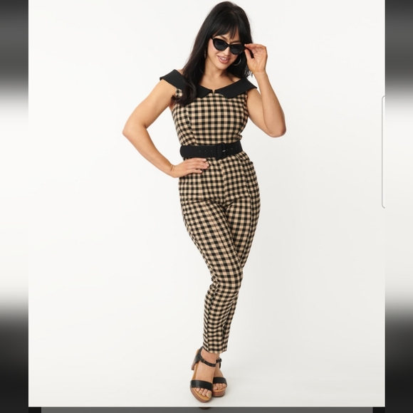 Unique Vintage Pants - Unique Vintage Black and Tan Gingham Jumpsuit